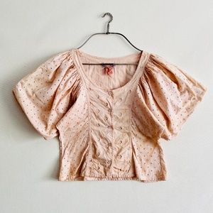 Vintage Plant Dyed Pink Eyelet Puff Sleeve Button Down Corset Blouse Top XS/S